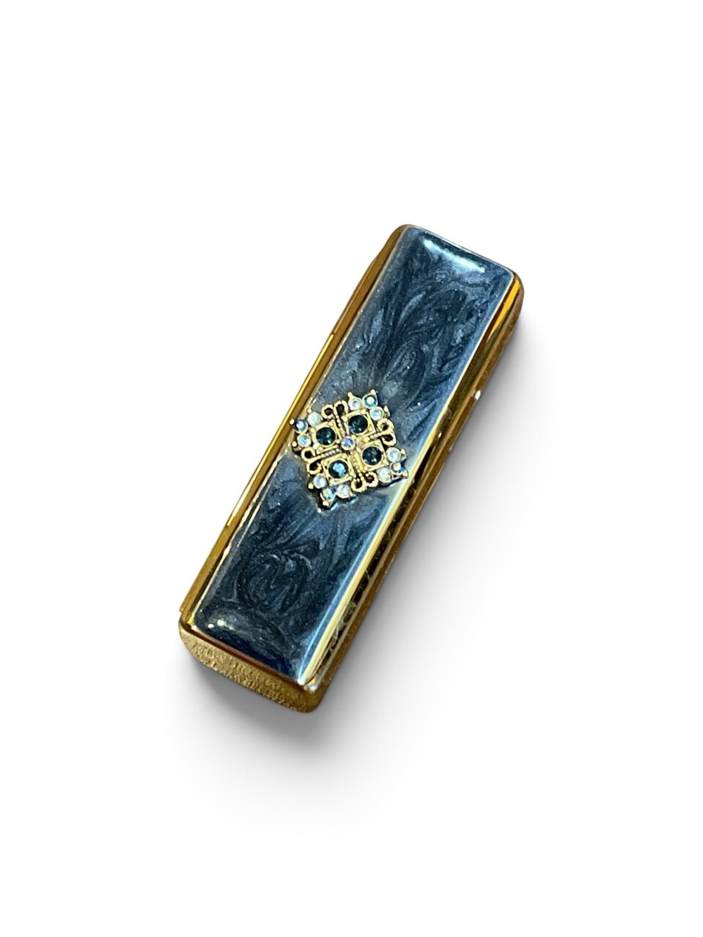 Gold-ToneLipstick Case with Blue Marbled Inlay and Decorative Center Accent